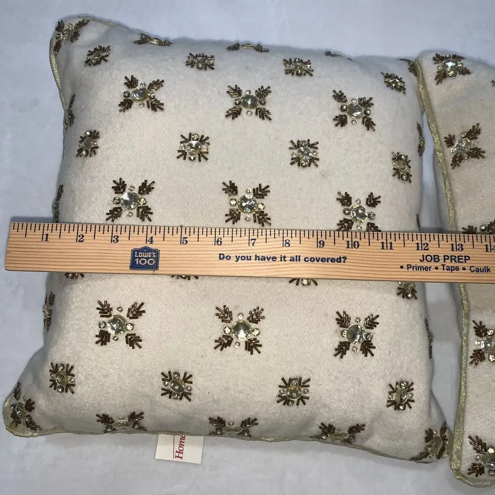 Real lambs wool diamante encrusted‎ accent pillows cream gold 14 x 12 inches
